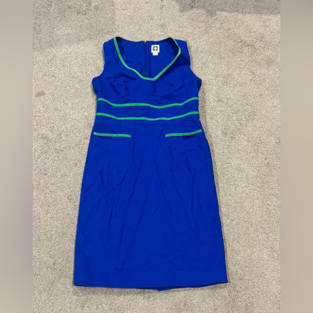 Anne Klein Sheath Knee Length Sleeveless Blue Green Piping Pockets Cotton Size 6 - Picture 2 of 9